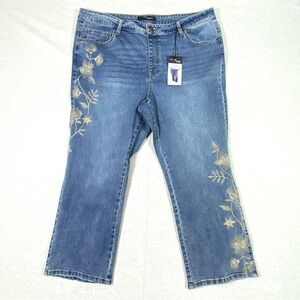 Stitch Star Pull On Jeans Women's 2X Floral Embroidered Straight Leg Ankle NWT